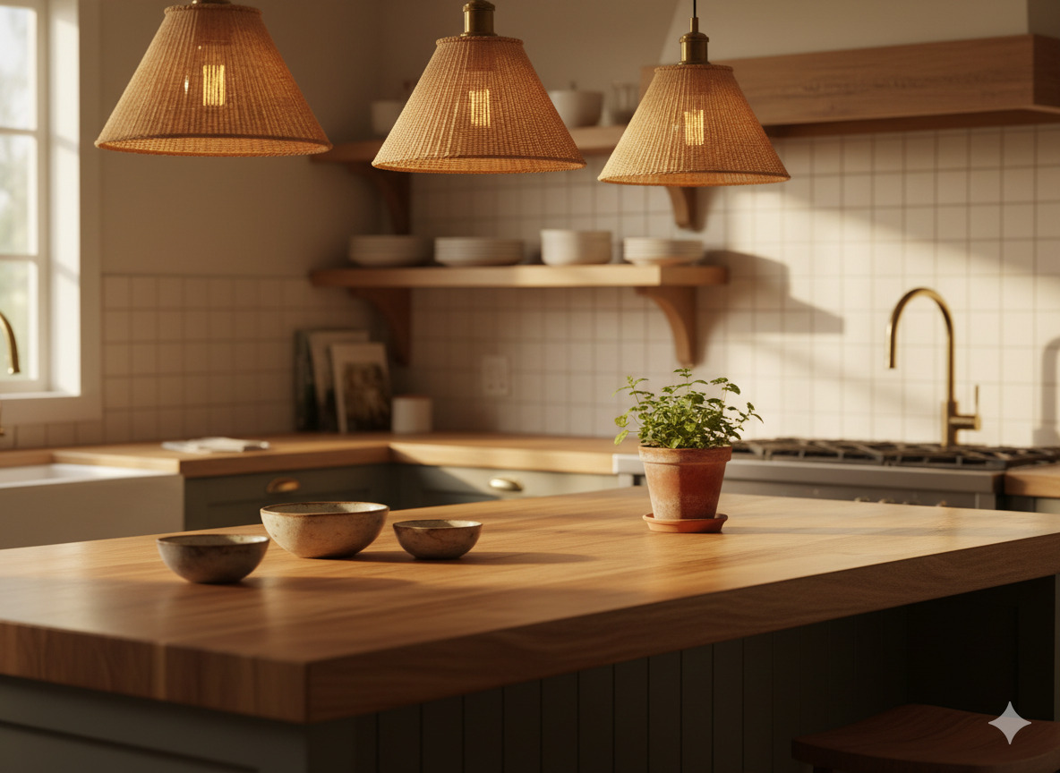 Keittiön taso ja valaisimet, lämmin sisustus